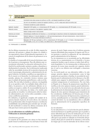 320 | Aten Primaria 2002. 30 de septiembre. 30 (5): 318-322 | 124
Benítez del Rosario MA, Pascual L y Asensio Fraile A.
La atención a los últimos díasSERIES
proceso de morir. Según avanza éste, el enfermo presenta
mayores dificultades para mantener la ingesta oral. En es-
tos pacientes es preciso la utilización de vías alternativas
para la administración de los fármacos.
La vía intravenosa no se recomienda por las dificultades
técnicas de su mantenimiento en el domicilio y la poca
aceptación familiar a que la misma se realice fuera del sis-
tema hospitalario. La vía intramuscular es dolorosa por la
presencia de escasa masa muscular por caquexia, motivo
por el cual su uso debería estar restringido a situaciones
concretas.
La vía rectal puede ser una alternativa válida a la oral,
aunque presenta algunos inconvenientes como la baja
aceptación por pacientes y familias, la necesidad de movi-
lización para la administración de los fármacos y las difi-
cultades para asegurar la administración cuando se debe
combatir enérgicamente el estreñimiento. Por otro lado,
en España no se dispone de preparaciones específicas de
morfina, ni de otros opiáceos mayores, para la administra-
ción rectal. La vía rectal sería una adecuada elección para
la administración de determinados fármacos cuando no se
dispone de otras opciones (diazepam para tratamiento de
las convulsiones, butilbromuro de hioscina para el trata-
miento de la situaciones de hipersecreción o estertores pre
mortem, antiinflamatorios no esteroideos [AINE] para el
control del dolor). La vía transdérmica sólo es utilizable
para la administración de los preparados específicos de
fentanilo.
La vía subcutánea
La vía subcutánea (v.s.c.) es la de elección para la adminis-
tración de fármacos en aquellos pacientes que no pueden o
tienen dificultad para la toma de medicación por vía oral.
La administración de fármacos a través de esta vía es sen-
cilla (por lo que puede ser utilizada en el domicilio del pa-
ciente), eficaz para el control de los síntomas y está exenta
de riesgos que no sean los derivados de los efectos secun-
dar los últimos momentos de su vida. Se debe respetar las
opiniones del paciente y adaptar los planes de cuidado a
sus expectativas y deseos. Especialmente importante es fa-
vorecer el cumplimiento de los deseos de permanecer en su
domicilio.
La familia es la responsable de la toma de decisiones cuan-
do el paciente es incompetente. Para ello debería estar co-
rrectamente informada. La educación-información y la ac-
titud de los profesionales sanitarios ayudan a dramatizar o
desdramatizar la situación. Así, la información inadecuada
sobre las necesidades técnicas de la atención al proceso de
morir (sueroterapia, alimentación o administración de oxí-
geno) inducirá a la familia a modificar sus expectativas so-
bre la muerte en el domicilio. La información debe com-
prender, además, los contenidos técnicos mínimos para
que el cuidado del paciente pueda llevarse a cabo en el do-
micilio. Por otro lado, la familia se enfrenta a la despedida
de su ser querido y sufre. Las múltiples dudas sobre el cui-
dado y la presencia o no de sufrimiento deberán ser re-
sueltas con respeto y calidez. Es recomendable favorecer la
expresión de las emociones, las dudas y los miedos para
que puedan ser resueltos. La información sobre los trámi-
tes administrativos post mortem alivia ansiedades y situa-
ciones conflictivas posteriores.
En definitiva, el significado completo del cuidado de la
persona durante el proceso de morir afecta a las creencias
de los profesionales sobre el respeto humano y moviliza las
sensibilidades más profundas para entender que «el cuida-
do del moribundo es mimar los últimos momentos de la
vida para hacer menos penosa la despedida».
La vía subcutánea en cuidados paliativos.
Utilización en atención primaria
Consideraciones generales
La mayoría de los pacientes con cáncer en fase terminal
puede tomar la medicación por vía oral hasta el inicio del
Control de los principales síntomas
de la fase agónica
Dolor, disnea Incremento de las dosis previas de morfina en un 50% o de fentanilo transdérmico en 25 µg/h
Uso de la vía subcutánea si ausencia de ingestión (morfina s.c, en 24 h: media dosis diaria de morfina oral)
El fentanilo transdérmico puede mantenerse
Agitación, inquietud Haloperidol (5-30 mg/día, s.c.) o clorpromacina (25-150 mg/día, i.m.), o levomepromacina (25-150 mg/día, i.m./s.c.)
Retención urinaria Descartar su presencia si hay agitación, inquietud o dolor
Realizar sondaje vesical si está presente
Estertores pre mortem Anticolinérgicos (butilbromuro de hioscina) s.c. o vía rectal según se describe en artículo de complicaciones respiratorias
Hemorragia grave Sedación rápida con 7,5 mg de midazolam s.c. o 50 mg de levomepromacina o 50 mg de clorpromacina + cloruro mórfico s.c.
equivalente al 10% de la dosis total diaria de morfina s.c.
Sedación Midazolam (45-120 mg en perfusión s.c./24 h), o clorpromacina (75-150 mg/día, i.m. en 1 o 2 dosis), o levomepromacina
(75-150 mg/día, i.m./s.c. en 1 o 2 dosis; si se utiliza la vía s.c. rotar el punto de punción)
i.m.: intramuscular; s.c. subcutánea.
TABLA
2
 