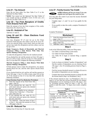 Form 140 (Revised 5/04)

Line 21 - Tax Amount                                                 Line 27 - Family Income Tax Credit
Enter the tax from either Tax Rate Table X or Y or the                               e-File software will let you know if you are
Optional Tax Rate Tables.                                                            eligible and will figure the credit for you.
NOTE: You cannot use the Optional Tax Rate Tables if                 You may take this credit if you meet the income threshold
your taxable income is $50,000 or more. In this case, you            for your filing status.
must use Tax Rate Table X or Y.
                                                                            Complete steps 1, 2, and 3 to see if you qualify for this
Line 22 - Tax From Recapture of Credits                                     credit.
From Arizona Form 301
                                                                            If you qualify to take this credit, complete Worksheet II
Enter the amount of tax due from recapture of the credits                   in step 4.
from Form 301, Part II, line 31.
Line 23 - Subtotal of Tax                                                                         Step 1
Add lines 21 and 22.                                                 Complete Worksheet I.

Lines 24 and 25 - Clean Elections Fund                                                        Worksheet I
Tax Reduction                                                          1.     Enter the amount from Form 140,
                                                                              page 1, line 17.
You may designate $5 of your tax go to the Clean
Elections Fund and may also reduce your tax by up to $5.               2.     Enter the amount from Form 140,
If you are married filing a joint return, both you and your                   page 2, line C18.
spouse may make this designation and also reduce your tax              3.     Add lines 1 and 2. Enter the result.
by up to $10.                                                                                     Step 2
Single Taxpayers, Heads of Household, and Married                    Look at the following tables. Find your filing status.
Taxpayers Filing a Joint Return With Only One
                                                                        Use Table I if married filing a joint return.
Spouse Making a Designation
                                                                        Use Table II if head of household.
To make this designation, Check box 241 marked yourself.
                                                                        Use Table III if single or married filing a separate
If you checked box 241 and the amount on Form 140, page 1,              return.
line 23 is $10 or more, enter $5 on line 25. If the amount on                                     Step 3
line 23 is less than $10, complete the following worksheet.
Married Taxpayers Filing a Joint Return With Both                           Look at column (a) labeled "number of dependents" and
Spouses Making a Designation                                                find the number of dependents you are claiming (Form
                                                                            140, page 1, box 10 excluding persons listed on Page 2,
If both spouses want to make this designation, one spouse
                                                                            line A3).
should check box 241, and the other spouse should check
box 242.                                                                    Find the income threshold amount in column (b) next to
If you checked both box 241 and box 242 and the amount on                   the number of dependents you are claiming.
Form 140, page 1, line 23 is $20 or more, enter $10 on line                 Compare that income threshold amount in column (b) with
25. If the amount on line 23 is less than $20, complete the                 the income listed in Step 1 on Worksheet I, line 3.
following worksheet.
                                                                     If the amount entered in step 1 on Worksheet I, line 3 is
Clean Elections Fund Tax Reduction Worksheet                         equal to or less than the income threshold for the number
1. Enter the amount of tax from Form 140,                            of dependents you are claiming on Form 140, page 1, box
    page 1, line 23.                                                 10, excluding persons listed on Page 2, line A3, you
2. If you checked box 241, enter $5. If a                            qualify to take this credit. To figure your credit, complete
    joint return and your spouse also checked                        step 4.
    box 24 2, enter $10.                                                                     Table I
3. Balance of tax eligible for tax reduction.                                    Married Filing a Joint Return
    Subtract line 2 from line 1. If less than                                     Column (a)                 Column (b)
    zero, enter zero “0”.                                             Number of dependents you are Income
4. If you checked box 241, enter $5. If a                             claiming on Form 140, page 1, box 10 Threshold
    joint return and your spouse also checked                         excluding persons listed on Page 2,
    box 24 2, enter $10.                                              line A3.
5. Tax reduction. Enter the lesser of line 3
    or line 4. Also enter this amount on Form                                0 or 1                                  $20,000
    140, page 1, line 25.                                                    2                                       $23,600
                                                                             3                                       $27,300
Line 26 - Reduced Tax                                                        4 or more                               $31,000
Subtract line 25 from line 23. Enter the result.


                                                                14
 