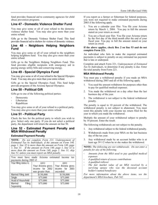 Form 140 (Revised 5/04)

fund provides financial aid to community agencies for child                 If you report as a farmer or fisherman for federal purposes,
abuse prevention programs.                                                  you were not required to make estimated payments during
                                                                            2003 if the following apply.
Line 47 - Domestic Violence Shelter Fund
                                                                            1. You are a calendar year filer. You file your Arizona
You may give some or all of your refund to the domestic                          return by March 1, 2004. You pay in full the amount
violence shelter fund. You may also give more than your                          stated on your return as owed.
entire refund.
                                                                            2. You are a fiscal year filer. You file your Arizona return
Gifts go to the Domestic Violence Shelter Fund. This fund                        by the first day of the third month after the end of your
provides financial aid to shelters for victims of domestic violence.             fiscal year. You pay in full the amount stated on your
                                                                                 return as owed.
Line 48 - Neighbors Helping Neighbors
                                                                            If the above applies, check Box 2 on line 53 and do not
Fund                                                                        complete Form 221.
You may give some or all of your refund to the neighbors                    An individual who fails to make the required estimated
helping neighbors fund. You may also give more than your
entire refund.                                                              payments is subject to penalty on any estimated tax payment
                                                                            that is late or underpaid.
Gifts go to the Neighbors Helping Neighbors Fund. This
fund provides eligible recipients with emergency aid in                     Complete and attach Form 221, Underpayment of Estimated
paying energy utility bills and conserving energy.                          Tax by Individuals, to determine if any penalty is due. Enter
                                                                            the total penalty from Form 221.
Line 49 - Special Olympics Fund
                                                                            MSA Withdrawal Penalty
You may give some or all of your refund to the Special Olympics
Fund. You may also give more than your entire refund.                       You must pay a withdrawal penalty if you made an MSA
                                                                            withdrawal during 2003 and all of the following apply.
Gifts go to the Special Olympics Fund. This fund helps
provide programs of the Arizona Special Olympics.                           1.   You used the amount withdrawn for purposes other than
                                                                                 to pay for qualified medical expenses.
Line 50 - Political Gift
                                                                            2.   You made the withdrawal on a day other than the last
Gifts go to one of the following political parties:                              business day of the year.
    Democratic                                                              3.   The withdrawal is not subject to the federal withdrawal
    Libertarian                                                                  penalty.
    Republican
                                                                            The penalty is equal to 10 percent of the withdrawal. The
You may give some or all of your refund to a political party.               withdrawal penalty is not subject to abatement. You must
You may also give more than your entire refund.                             remit this penalty with your income tax return filed for the
Line 51 - Political Party                                                   year in which you made the withdrawal.
Check the box for the political party to which you wish to                  Multiply the amount of your withdrawal subject to penalty
give. Select only one party. If you do not select a political               by 10 percent. Enter the result.
party, the department will return the amount on line 50.                    The following withdrawals are not subject to the penalty.
Line 52 - Estimated Payment Penalty and                                     1.   Any withdrawal subject to the federal withdrawal penalty.
MSA Withdrawal Penalty                                                      2.   Withdrawals made from your MSA on the last business
Estimated Payment Penalty                                                        day of the tax year.
NOTE: Do not complete Form 221, Underpayment of                             3.   Any withdrawal made by an account holder who is at
Estimated Tax by Individuals, if the amount on Form 140,                         least age 59 1/2 when he or she makes the withdrawal.
page 1, line 32 is more than the amount on Form 140, page
1, line 31. If the amount on Form 140, page 1, line 32 is                   NOTE: The following are not withdrawals. Do not enter a
more than the amount on Form 140, page 1, line 31, skip                     penalty for any of the following.
line 52, unless you must report an MSA penalty.                                 Amounts from the MSA used to pay qualified medical
You must have made Arizona estimated income tax                                 expenses
payments during 2003 if:                                                        A qualified return of excess contributions
Your filing status is:         AND               AND                            A qualified rollover
                        Your Arizona gross Your Arizona gross                   The fair market value of an MSA received by a
                        income for 2002 income for 2003                         surviving spouse who was the deceased account
                        was greater than:  exceeded:                            holder's named beneficiary
Married Filing Joint        $150,000           $150,000                     For more information about the above items, see the
Single                       $75,000            $75,000                     department's MSA brochure, Pub 542.
Head of Household            $75,000            $75,000
Married          Filing      $75,000            $75,000
Separately


                                                                       19
 