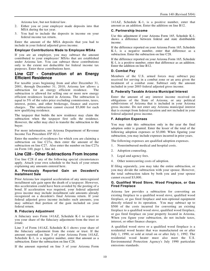 azdor gov forms 140 20instructions 200504 20revision arizona tax form 140