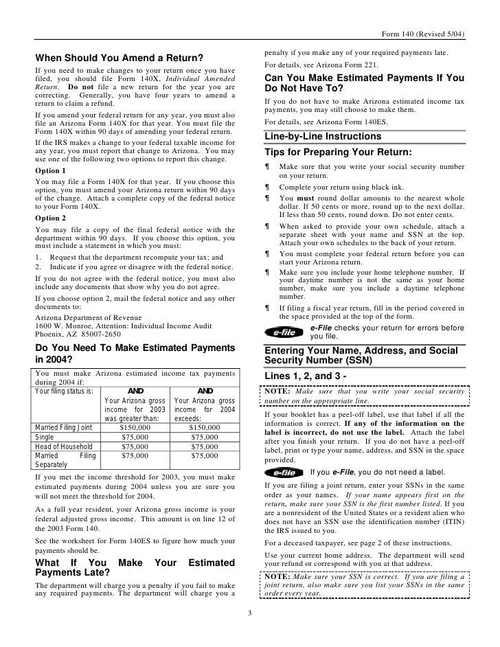azdor gov forms 140 20instructions 200504 20revision arizona tax form 140