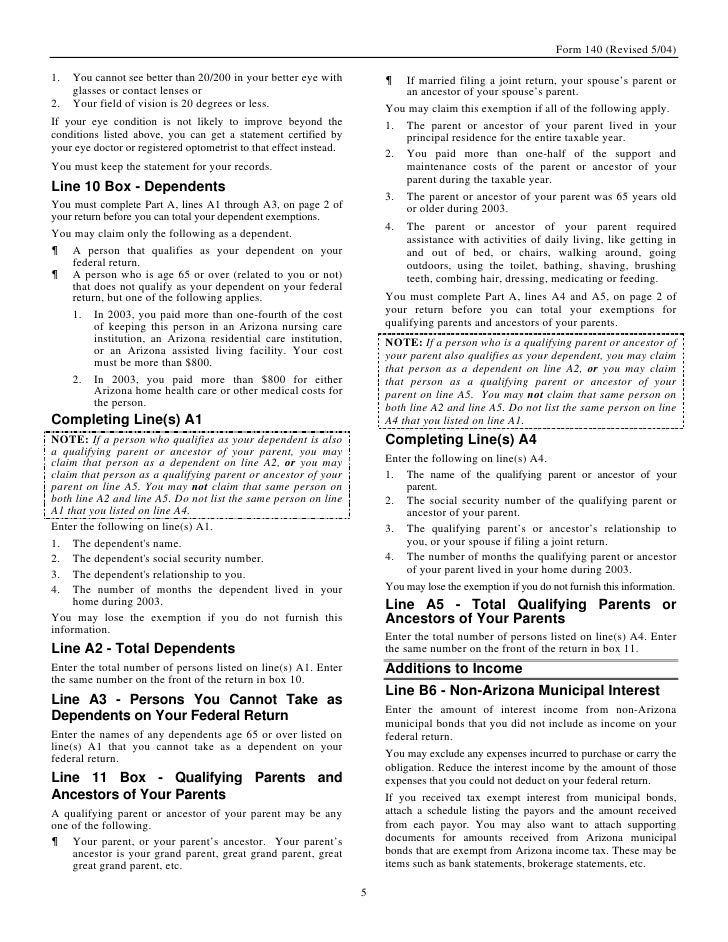 azdor gov forms 140 20instructions 200504 20revision arizona tax form 140