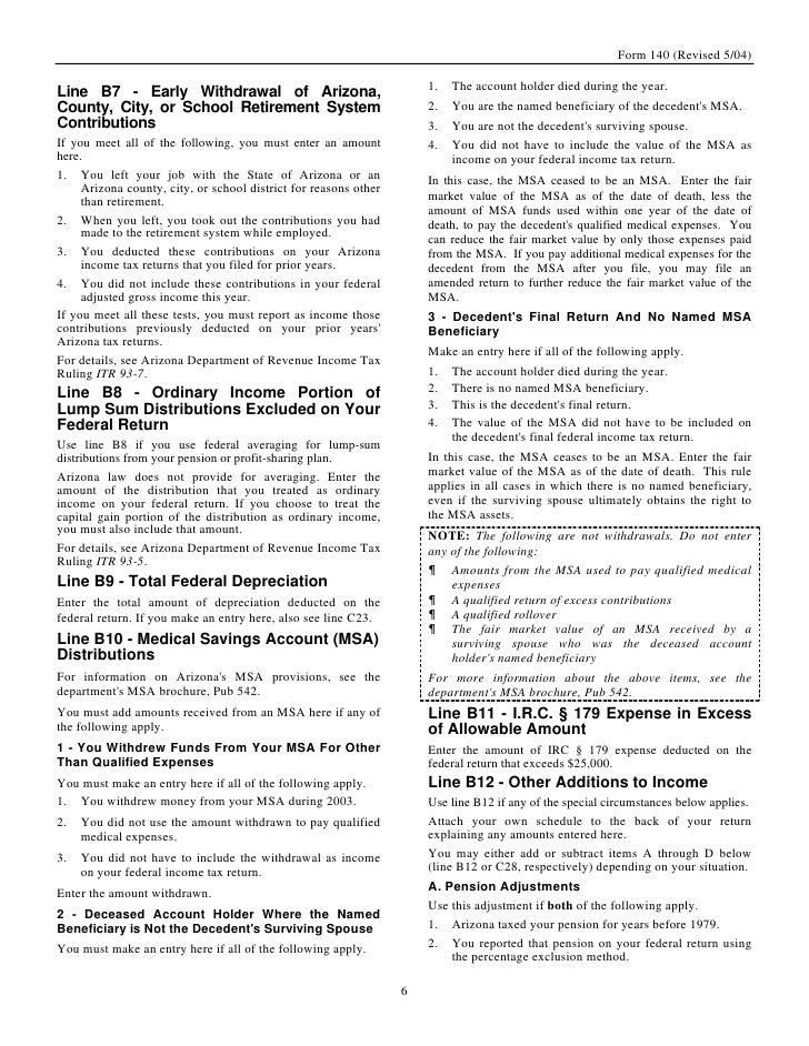 azdor gov forms 140 20instructions 200504 20revision arizona tax form 140