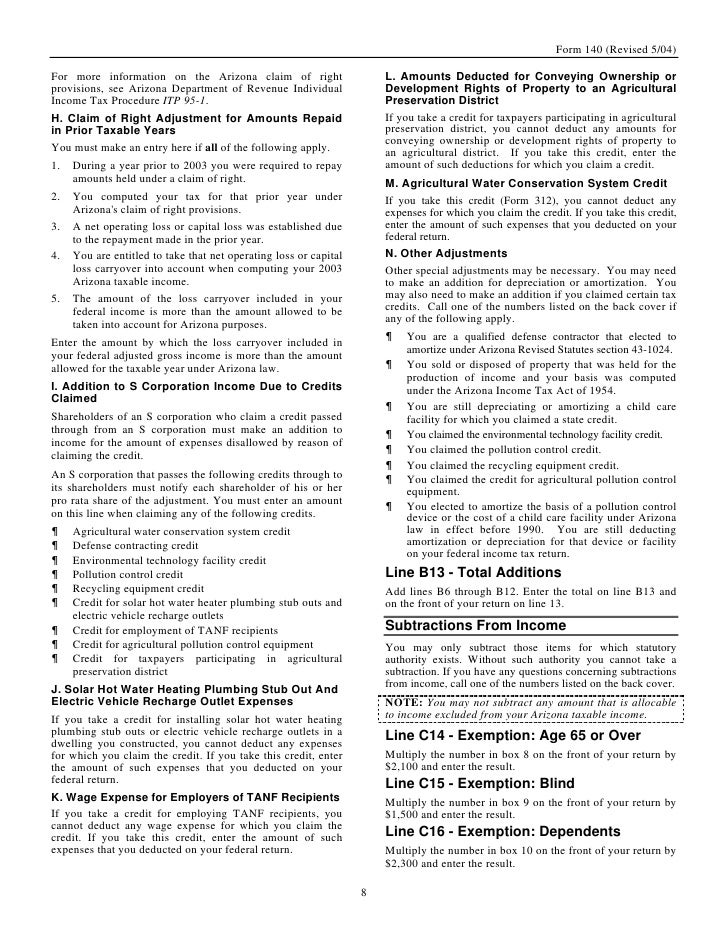azdor gov forms 140 20instructions 200504 20revision arizona tax form 140