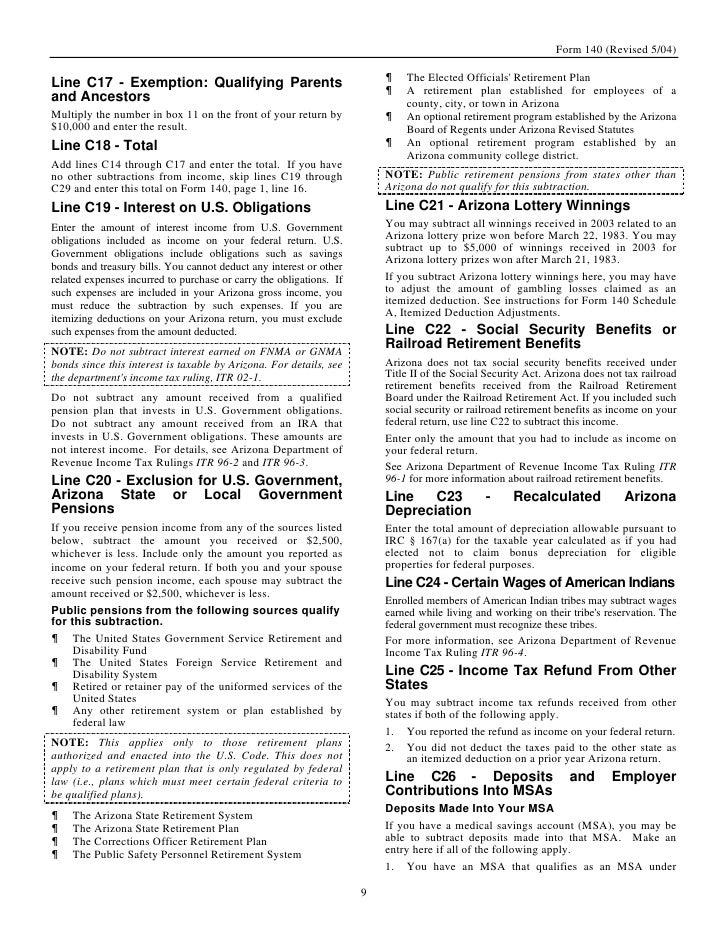 azdor gov forms 140 20instructions 200504 20revision arizona tax form 140