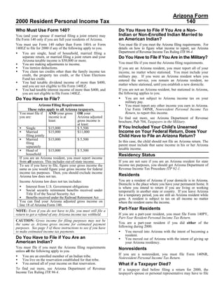 Arizona Form
2000 Resident Personal Income Tax                                                                            140
Who Must Use Form 140?                                            Do You Have to File if You Are a Non-
                                                                  Indian or Non-Enrolled Indian Married to
You (and your spouse if married filing a joint return) may
                                                                  an American Indian?
file Form 140 only if you are full year residents of Arizona.
You must use Form 140 rather than Form 140A or Form               You must file if you meet the Arizona filing requirements. For
140EZ to file for 2000 if any of the following apply to you.      details on how to figure what income to report, see Arizona
                                                                  Department of Revenue Income Tax Ruling ITR 96-4.
• You are single, head of household, married filing a
                                                                  Do You Have to File if You Are in the Military?
     separate return, or married filing a joint return and your
     Arizona taxable income is $50,000 or more.
                                                                  You must file if you meet the Arizona filing requirements.
• You are making adjustments to income.
• You itemize deductions.                                         If you are an Arizona resident, you must report all of your
• You claim tax credits other than the family income tax          income, no matter where stationed. You must include your
     credit, the property tax credit, or the Clean Elections      military pay. If you were an Arizona resident when you
     Fund tax credit.                                             entered the service, you remain an Arizona resident, no
• You had taxable dividend income of more than $400,
                                                                  matter where stationed, until you establish a new domicile.
     and you are not eligible to file Form 140EZ.
• You had taxable interest income of more than $400, and          If you are not an Arizona resident, but stationed in Arizona,
                                                                  the following applies to you.
     you are not eligible to file Form 140EZ.
                                                                  • You are not subject to Arizona income tax on your
Do You Have to File?
                                                                       military pay.
                                                                  • You must report any other income you earn in Arizona.
                 Arizona Filing Requirements
                                                                       Use Form 140NR, Nonresident Personal Income Tax
        These rules apply to all Arizona taxpayers.
                                                                       Return, to report this income.
  You must file if      AND your gross OR your
  you are:              income is at       Arizona adjusted       To find out more, see Arizona Department of Revenue
                        least:             gross income is        brochure, Pub 704, Taxpayers in the Military.
                                           at least:
                                                                  If You Included Your Child's Unearned
  • Single              $15,000            $ 5,500
  • Married                                                       Income on Your Federal Return, Does Your
                        $15,000            $11,000
                                                                  Child Have to File an Arizona Return?
       filing jointly
  • Married             $15,000            $ 5,500
                                                                  In this case, the child should not file an Arizona return. The
       filing
                                                                  parent must include that same income in his or her Arizona
       separately
                                                                  taxable income.
  • Head of             $15,000            $ 5,500
       household                                                  Residency Status
  If you are an Arizona resident, you must report income
                                                                  If you are not sure if you are an Arizona resident for state
  from all sources. This includes out-of-state income.
                                                                  income tax purposes, you should get Arizona Department of
  To see if you have to file, figure your gross income the
                                                                  Revenue Income Tax Procedure ITP 92-1.
  same as you would figure your gross income for federal
  income tax purposes. Then, you should exclude income
                                                                  Residents
  Arizona law does not tax.
                                                                  You are a resident of Arizona if your domicile is in Arizona.
  Income Arizona law does not tax includes:
                                                                  Domicile is the place where you have your permanent home. It
  • Interest from U.S. Government obligations                     is where you intend to return if you are living or working
  • Social security retirement benefits received under            temporarily in another state or country. If you leave Arizona
       Title II of the Social Security Act                        for a temporary period, you are still an Arizona resident while
  • Benefits received under the Railroad Retirement Act           gone. A resident is subject to tax on all income no matter
  You can find your Arizona adjusted gross income on              where the resident earns the income.
  line 18 of Arizona Form 140.
                                                                  Part-Year Residents
NOTE: Even if you do not have to file, you must still file a
                                                                  If you are a part-year resident, you must file Form 140PY,
return to get a refund of any Arizona income tax withheld.
                                                                  Part-Year Resident Personal Income Tax Return.
CAUTION: Gross income for filing purposes may not be
                                                                  You are a part-year resident if you did either of the
the same as Arizona gross income for estimated payment
                                                                  following during 2000.
purposes. See page 3 of these instructions to see if you have
                                                                  • You moved into Arizona with the intent of becoming a
to make estimated income tax payments.
                                                                       resident.
Do You Have to File if You Are an                                 • You moved out of Arizona with the intent of giving up
American Indian?                                                       your Arizona residency.
You must file if you meet the Arizona filing requirements         Nonresidents
unless all the following apply to you.
                                                                  If you are a nonresident, you must file Form 140NR,
• You are an enrolled member of an Indian tribe.                  Nonresident Personal Income Tax Return.
• You live on the reservation established for that tribe.
• You earned all of your income on that reservation.              What if a Taxpayer Died?
To find out more, see Arizona Department of Revenue               If a taxpayer died before filing a return for 2000, the
Income Tax Ruling ITR 96-4.                                       taxpayer's spouse or personal representative may have to file
 