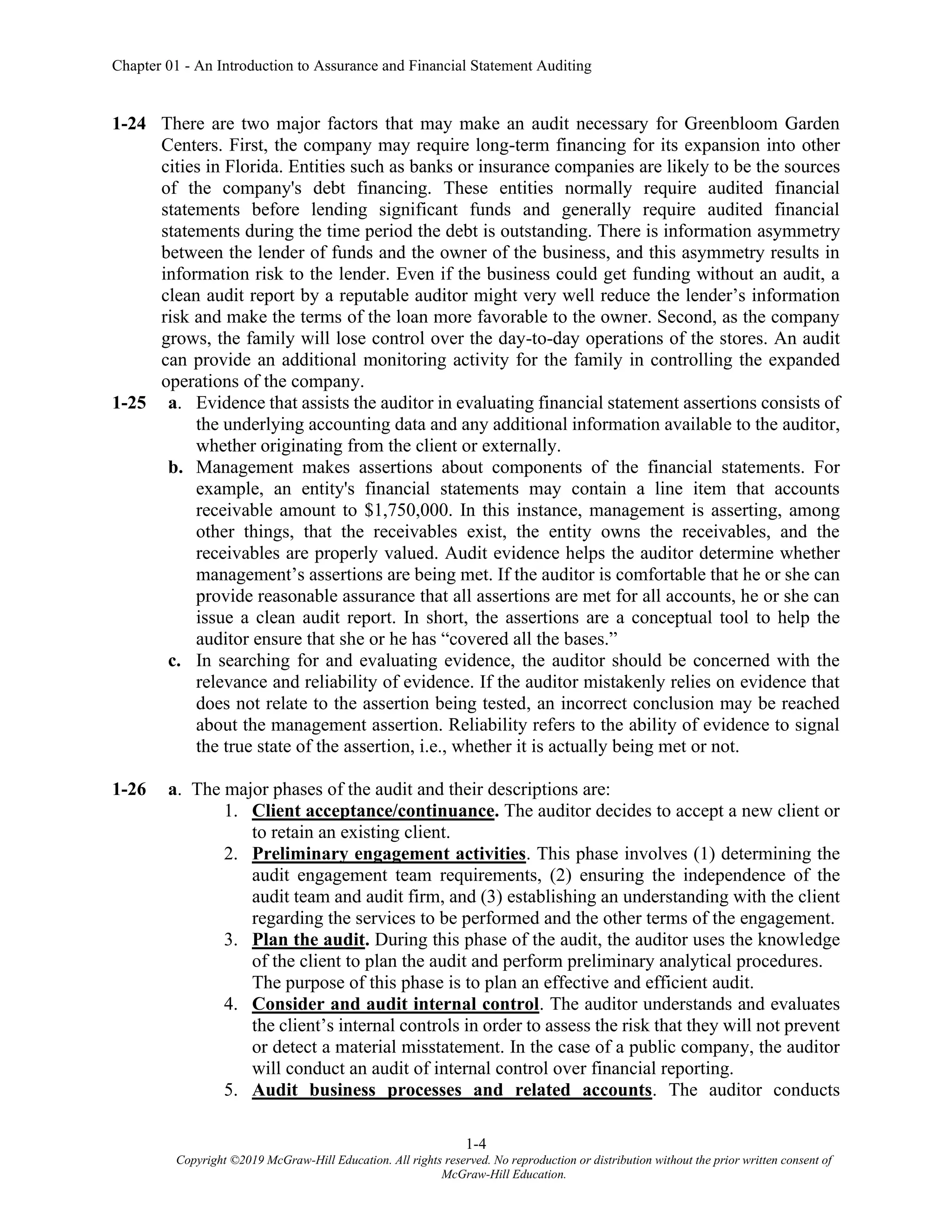 Chapter 01 - An Introduction to Assurance and Financial Statement Auditing
1-4
Copyright ©2019 McGraw-Hill Education. All rights reserved. No reproduction or distribution without the prior written consent of
McGraw-Hill Education.
1-24 There are two major factors that may make an audit necessary for Greenbloom Garden
Centers. First, the company may require long-term financing for its expansion into other
cities in Florida. Entities such as banks or insurance companies are likely to be the sources
of the company's debt financing. These entities normally require audited financial
statements before lending significant funds and generally require audited financial
statements during the time period the debt is outstanding. There is information asymmetry
between the lender of funds and the owner of the business, and this asymmetry results in
information risk to the lender. Even if the business could get funding without an audit, a
clean audit report by a reputable auditor might very well reduce the lender’s information
risk and make the terms of the loan more favorable to the owner. Second, as the company
grows, the family will lose control over the day-to-day operations of the stores. An audit
can provide an additional monitoring activity for the family in controlling the expanded
operations of the company.
1-25 a. Evidence that assists the auditor in evaluating financial statement assertions consists of
the underlying accounting data and any additional information available to the auditor,
whether originating from the client or externally.
b. Management makes assertions about components of the financial statements. For
example, an entity's financial statements may contain a line item that accounts
receivable amount to $1,750,000. In this instance, management is asserting, among
other things, that the receivables exist, the entity owns the receivables, and the
receivables are properly valued. Audit evidence helps the auditor determine whether
management’s assertions are being met. If the auditor is comfortable that he or she can
provide reasonable assurance that all assertions are met for all accounts, he or she can
issue a clean audit report. In short, the assertions are a conceptual tool to help the
auditor ensure that she or he has “covered all the bases.”
c. In searching for and evaluating evidence, the auditor should be concerned with the
relevance and reliability of evidence. If the auditor mistakenly relies on evidence that
does not relate to the assertion being tested, an incorrect conclusion may be reached
about the management assertion. Reliability refers to the ability of evidence to signal
the true state of the assertion, i.e., whether it is actually being met or not.
1-26 a. The major phases of the audit and their descriptions are:
1. Client acceptance/continuance. The auditor decides to accept a new client or
to retain an existing client.
2. Preliminary engagement activities. This phase involves (1) determining the
audit engagement team requirements, (2) ensuring the independence of the
audit team and audit firm, and (3) establishing an understanding with the client
regarding the services to be performed and the other terms of the engagement.
3. Plan the audit. During this phase of the audit, the auditor uses the knowledge
of the client to plan the audit and perform preliminary analytical procedures.
The purpose of this phase is to plan an effective and efficient audit.
4. Consider and audit internal control. The auditor understands and evaluates
the client’s internal controls in order to assess the risk that they will not prevent
or detect a material misstatement. In the case of a public company, the auditor
will conduct an audit of internal control over financial reporting.
5. Audit business processes and related accounts. The auditor conducts
 