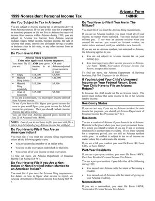 Arizona Form
1999 Nonresident Personal Income Tax                                                                      140NR
Are You Subject to Tax in Arizona?                               Do You Have to File if You Are in The
                                                                 Military?
You are subject to Arizona income tax on all income derived
from Arizona sources. If you are in this state for a temporary   You must file if you meet the Arizona filing requirements.
or transitory purpose or did not live in Arizona but received
                                                                 If you are an Arizona resident, you must report all of your
income from sources within Arizona during 1999, you are
                                                                 income, no matter where stationed. You must include your
subject to Arizona tax. Income from Arizona sources
                                                                 military pay. If you were an Arizona resident when you
includes wages, rental income, business income, the sale of
                                                                 entered the service, you remain an Arizona resident, no
Arizona real estate, interest and dividends having a taxable
                                                                 matter where stationed, until you establish a new domicile.
or business situs in this state, or any other income from an
Arizona source.                                                  If you are not an Arizona resident, but stationed in Arizona,
                                                                 the following applies to you.
Do You Have to File?
                                                                 •   You are not subject to Arizona income tax on your
                   Arizona Filing Requirements                       military pay.
          These rules apply to all Arizona taxpayers.
                                                                 •   You must report any other income you earn in Arizona.
    You must file if AND your gross OR your
                                                                     Use Form 140NR, Nonresident Personal Income Tax
    you are:             income is at Arizona adjusted
                                                                     Return, to report this income.
                         least:             gross income is
                                            at least:            To find out more, see Arizona Department of Revenue
    • Single             $15,000            $5,500               brochure, Pub 704, Taxpayers in the Military.
    • Married            $15,000            $11,000
                                                                 If You Included Your Child's Unearned
         filing jointly
                                                                 Income on Your Federal Return, Does
    • Married            $15,000            $5,500
                                                                 Your Child Have to File an Arizona
         filing
                                                                 Return?
         separately
    • Head of            $15,000            $5,500               In this case, the child should not file an Arizona return. The
         household                                               parent must include that same income in his or her Arizona
    If you are a nonresident, you must report income derived     taxable income.
    from Arizona sources.
                                                                 Residency Status
    To see if you have to file, figure your gross income the
    same as you would figure your gross income for federal
                                                                 If you are not sure if you are an Arizona resident for state
    income tax purposes. Then you should exclude income
                                                                 income tax purposes, you should get Arizona Department of
    Arizona law does not tax.
                                                                 Revenue Income Tax Procedure ITP 92-1.
    You can find your Arizona adjusted gross income on
    line 20 of Arizona Form 140NR.                               Residents
NOTE: Even if you do not have to file, you must still file a     You are a resident of Arizona if your domicile is in Arizona.
return to get a refund of any Arizona income tax withheld.       Domicile is the place where you have your permanent home.
                                                                 It is where you intend to return if you are living or working
Do You Have to File if You Are an                                temporarily in another state or country. If you leave Arizona
American Indian?                                                 for a temporary period, you are still an Arizona resident
                                                                 while gone. A resident is subject to tax on all income no
You must file if you meet the Arizona filing requirements
                                                                 matter where the resident earns the income.
unless all the following apply to you.
•                                                                If you are a full year resident, you must file Form 140, Form
       You are an enrolled member of an Indian tribe.
                                                                 140A, or Form 140EZ.
•      You live on the reservation established for that tribe.
                                                                 Part-Year Residents
•      You earned all of your income on that reservation.
                                                                 If you are a part-year resident, you must file Form 140PY,
To find out more, see Arizona Department of Revenue
                                                                 Part-Year Resident Personal Income Tax Return.
Income Tax Ruling ITR 96-4.
                                                                 You are a part-year resident if you did either of the following
Do You Have to File if you Are a Non-                            during 1999.
Indian or Non-Enrolled Indian Married to
                                                                 •   You moved into Arizona with the intent of becoming a
an American Indian?
                                                                     resident.
You must file if you meet the Arizona filing requirements.
                                                                 •   You moved out of Arizona with the intent of giving up
For details on how to figure what income to report, see
                                                                     your Arizona residency.
Arizona Department of Revenue Income Tax Ruling ITR 96-
4.                                                               Nonresidents
                                                                 If you are a nonresident, you must file Form 140NR,
                                                                 Nonresident Personal Income Tax Return.
 