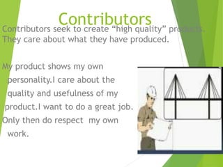 Contributors 
Contributors seek to create “high quality” products. 
They care about what they have produced. 
My product shows my own 
personality.I care about the 
quality and usefulness of my 
product.I want to do a great job. 
Only then do respect my own 
work. 
 