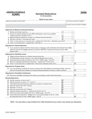 Print Form                    Reset Form




  ARIZONA SCHEDULE                                                                                                                                                           2006
                                                                         Itemized Deductions
              A(NR)                                                                  For Nonresidents

                                                                                  Attach to your return
NAME(S) AS SHOWN ON FORM 140NR                                                                                                                        YOUR SOCIAL SECURITY NUMBER


                                                                                                                                                      SPOUSE’S SOCIAL SECURITY NUMBER



Adjustment to Medical and Dental Expenses
                                                                                                                                                  00
    1 Medical and dental expenses ..................................................................................... 1
    2 Amount of medical savings account (MSA) distributions used to pay qualiﬁed
                                                                                                                                                  00
      medical expenses included on line 1 ..........................................................................    2
                                                                                                                                                  00
    3 Medical expenses allowed to be taken as a federal itemized deduction ....................                         3
                                                                                                                                                  00
    4 Add line 2 and line 3, and enter the result ..................................................................    4
                                                                                                                                                                                    00
    5 If line 1 is the same as or more than line 4, subtract line 4 from line 1; otherwise, go to line 6 ..................                          5
                                                                                                                                                                                    00
    6 If line 4 is more than line 1, subtract line 1 from line 4 ................................................................................    6

Adjustment to Interest Deduction
    7 If you received a federal credit for interest paid on mortgage credit certiﬁcates (from federal Form 8396),
      enter the amount of mortgage interest you paid for 2006 that is equal to the amount of your 2006
                                                                                                                                                                                    00
      federal credit ................................................................................................................................................    7

Adjustment to Gambling Losses
                                                                                                                                       00
    8   Wagering losses allowed as a federal itemized deduction .........................................   8
                                                                                                                                       00
    9   Total gambling winnings included in your federal adjusted gross income ..................           9
                                                                                                                                       00
   10   Authorized Arizona lottery subtraction from Form 140NR, page 2, line D27 .............. 10
                                                                                                                                       00
   11   Maximum allowable gambling loss deduction: Subtract line 10 from line 9............... 11
   12   If line 11 is less than line 8, subtract line 11 from line 8; otherwise enter “zero”..........................................    12                                        00
Adjustment to Property Taxes
   13 If you are claiming a property tax credit on Arizona Form 302 (Defense Contracting Credits), enter the
      amount of property taxes allowed as a federal itemized deduction for which a credit is claimed ...............                                                    13          00
Adjustment to Charitable Contributions
   14 Amount of charitable contributions for which you are taking a credit under Arizona law .............................                                              14          00
Itemized Deductions
                                                                                                                                              00
   15   Add the amounts on lines 5 and 7 .............................................................................. 15
                                                                                                                                              00
   16   Add the amounts on lines 6, 12, 13 and 14 ................................................................ 16
                                                                                                                                              00
   17   Total federal itemized deductions allowed to be taken on federal return .................... 17
                                                                                                                                              00
   18   Enter the amount from line 15 above ......................................................................... 18
                                                                                                                                              00
   19   Add lines 17 and 18 .................................................................................................... 19
                                                                                                                                              00
   20   Enter the amount from line 16 above ......................................................................... 20
                                                                                                                                              00
   21   Adjusted itemized deductions: Subtract line 20 from line 19 ..................................... 21
   22   Enter your Arizona percentage from Form 140NR, page 2, line B16 ......................... 22                                          %
   23   Arizona itemized deductions: Multiply line 21 by the percentage on line 22. Enter
        the result here and on Form 140NR, page 1, line 20 ..................................................................................    23                                 00


          NOTE: You must attach a copy of federal Form 1040, Schedule A to your return if you itemize your deductions.




ADOR 91-5365f (06)
 