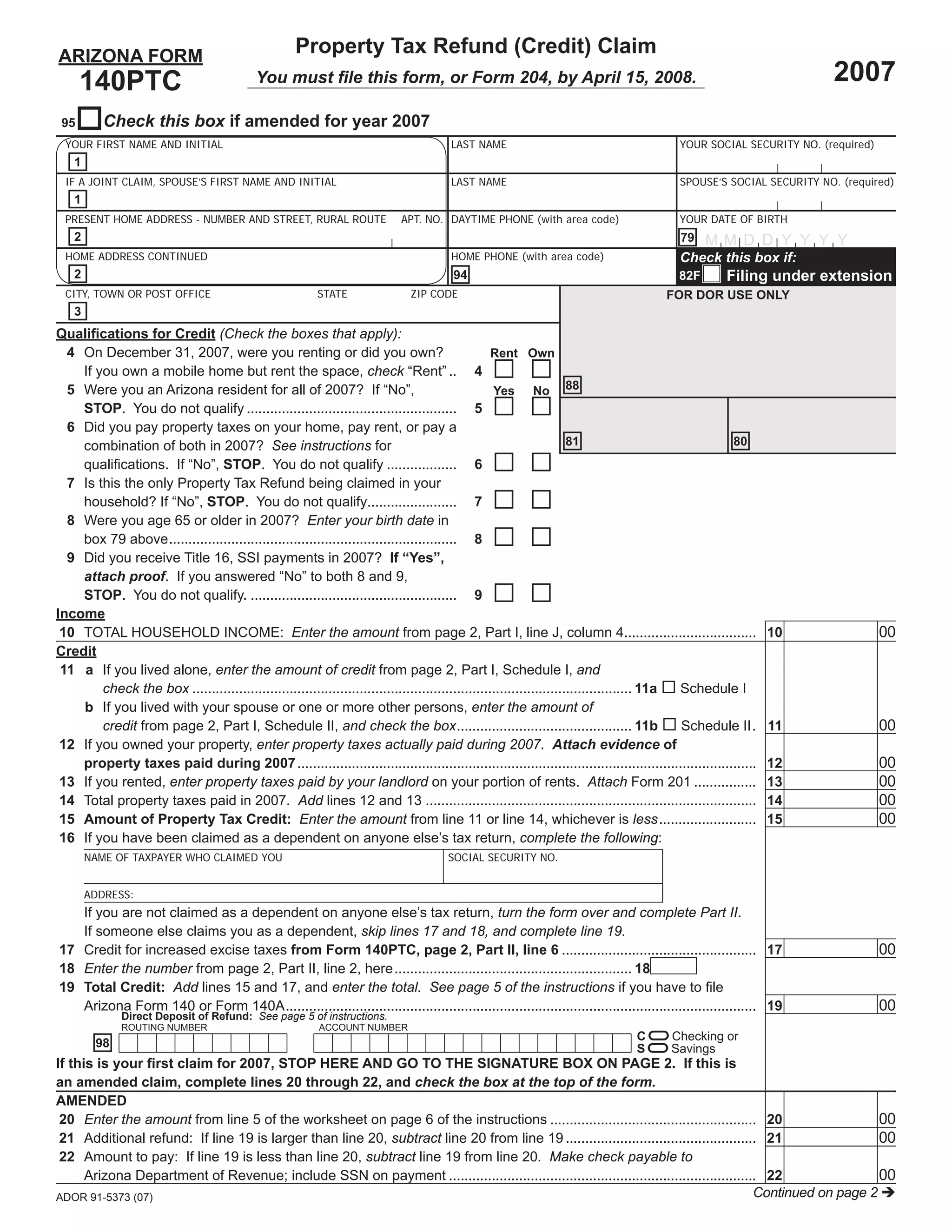 azdor.gov Forms 140PTC_F