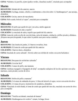 CENA: *Salmón a la parrilla, ejotes (judías verdes, chauchas) asados*, ensalada para acompañar
Martes
DESAYUNO: Salmón del día anterior, nueces
ALMUERZO: Lechuga, tomate, cebolla y condimentos a elección sobre 1-2 hamburguesas*, una naranja,
almendras
COLACIÓN: Cecina, nueces de macadamia
CENA: Pollo asado, brócoli al vapor*, ensalada para acompañar
Miércoles
DESAYUNO: El pollo que quedó de ayer con salsa, medio aguacate
ALMUERZO: Ensalada de atún y repollo*
COLACIÓN: La ensalada de atún y repollo que quedó del día anterior
CENA: Lomo de cerdo en olla de cocción lenta, salsa de tomates, calabacín, coliflor picada y albahaca.
¡Prepara una porción grande, lo que sobre lo podrás usar para varias comidas!
Jueves
DESAYUNO: Una loncha de jamón, 2-3 huevos revueltos, fruta
ALMUERZO: El lomo de cerdo que quedó del día anterior
COLACIÓN: 2 huevos duros, almendras
CENA: Ensalada de carne salteada*. Sírvela sobre un colchón de verdes con aceto balsámico
Viernes
DESAYUNO: Desayuno de salchichas salteadas*
ALMUERZO: Ceviche fácil*
COLACIÓN: 2 onzas de pollo, una manzana
CENA: Calabaza espagueti o Espaguetis de kelp*: acompaña cualquiera de las dos opciones con salsa
marinara, carne picada y aceite de oliva
Sábado
DESAYUNO: Sofrito de pollo y manzana*
ALMUERZO: 5-6 onzas de embutido de pavo, ½ libra de brócoli al vapor, rociar con aceite de oliva
COLACIÓN: 2-3 onzas de pavo, bastoncitos de zanahoria, almendras
CENA: *Ensalada al estilo hindú, el lomo de cerdo que quedó del otro día, ensalada con aceite de oliva
para acompañar
Domingo
DESAYUNO: *Tortilla occidental, ensalada de batatas*
ALMUERZO: Hamburguesas de cordero*, tomate, lechuga, fresas
 