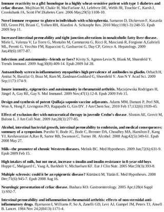 Immune reactivity to a glb1 homologue in a highly wheat-sensitive patient with type 1 diabetes and
celiac disease. Mojibian M, Chakir H, MacFarlane AJ, Lefebvre DE, Webb JR, Touchie C, Karsh J,
Crookshank JA, Scott FW.Diabetes Care. 2006 May;29(5):1108-10.
Novel immune response to gluten in individuals with schizophrenia. Samaroo D, Dickerson F, Kasarda
DD, Green PH, Briani C, Yolken RH, Alaedini A. Schizophr Res. 2010 May;118(1-3):248-55. Epub
2009 Sep 11.
Increased intestinal permeability and tight junction alterations in nonalcoholic fatty liver disease.
Miele L, Valenza V, La Torre G, Montalto M, Cammarota G, Ricci R, Mascianà R, Forgione A,Gabrieli
ML, Perotti G, Vecchio FM, Rapaccini G, Gasbarrini G, Day CP, Grieco A. Hepatology. 2009
Jun;49(6):1877-87.
Infections and autoimmunity--friends or foes? Kivity S, Agmon-Levin N, Blank M, Shoenfeld Y.
Trends Immunol. 2009 Aug;30(8):409-14. Epub 2009 Jul 28.
Autoantibody screen in inflammatory myopathies high prevalence of antibodies to gliadin. Orbach H,
Amitai N, Barzilai O, Boaz M, Ram M, Zandman-Goddard G, Shoenfeld Y. Ann N Y Acad Sci. 2009
Sep;1173:174-9.
Innate immunity, epigenetics and autoimmunity in rheumatoid arthritis. Maciejewska Rodrigues H,
Jüngel A, Gay RE, Gay S. Mol Immunol. 2009 Nov;47(1):12-8. Epub 2009 Feb 15.
Design and synthesis of potent Quillaja saponin vaccine adjuvants. Adams MM, Damani P, Perl NR,
Won A, Hong F, Livingston PO, Ragupathi G, Gin DY. J Am Chem Soc. 2010 Feb 17;132(6):1939-45.
Effect of exclusion diet with nutraceutical therapy in juvenile Crohn’s disease. Slonim AE, Grovit M,
Bulone L. J Am Coll Nutr. 2009 Jun;28(3):277-85.
Alcohol, intestinal bacterial growth, intestinal permeability to endotoxin, and medical consequences:
summary of a symposium. Purohit V, Bode JC, Bode C, Brenner DA, Choudhry MA, Hamilton F, Kang
YJ, Keshavarzian A,Rao R, Sartor RB, Swanson C, Turner JR. Alcohol. 2008 Aug;42(5):349-61. Epub
2008 May 27.
Milk--the promoter of chronic Western diseases. Melnik BC. Med Hypotheses. 2009 Jun;72(6):631-9.
Epub 2009 Feb 15.
High intakes of milk, but not meat, increase s-insulin and insulin resistance in 8-year-old boys.
Hoppe C, Mølgaard C, Vaag A, Barkholt V, Michaelsen KF. Eur J Clin Nutr. 2005 Mar;59(3):393-8.
Multiple sclerosis: could it be an epigenetic disease? Kürtüncü M, Tüzün E. Med Hypotheses. 2008
Dec;71(6):945-7. Epub 2008 Aug 16.
Neurologic presentation of celiac disease. Bushara KO. Gastroenterology. 2005 Apr;128(4 Suppl
1):S92-7.
Intestinal permeability and inflammation in rheumatoid arthritis: effects of non-steroidal anti-
inflammatory drugs. Bjarnason I, Williams P, So A, Zanelli GD, Levi AJ, Gumpel JM, Peters TJ, Ansell
B. Lancet. 1984 Nov 24;2(8413):1171-4.
 