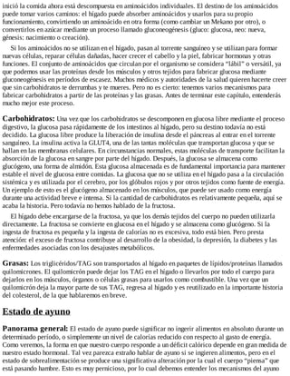 inició la comida ahora está descompuesta en aminoácidos individuales. El destino de los aminoácidos
puede tomar varios caminos: el hígado puede absorber aminoácidos y usarlos para su propio
funcionamiento, convirtiendo un aminoácido en otra forma (como cambiar un Mekano por otro), o
convertirlos en azúcar mediante un proceso llamado gluconeogénesis (gluco: glucosa, neo: nueva,
génesis: nacimiento o creación).
Si los aminoácidos no se utilizan en el hígado, pasan al torrente sanguíneo y se utilizan para formar
nuevas células, reparar células dañadas, hacer crecer el cabello y la piel, fabricar hormonas y otras
funciones. El conjunto de aminoácidos que circulan por el organismo se considera “lábil” o versátil, ya
que podemos usar las proteínas desde los músculos y otros tejidos para fabricar glucosa mediante
gluconeogénesis en períodos de escasez. Muchos médicos y autoridades de la salud quieren hacerte creer
que sin carbohidratos te derrumbas y te mueres. Pero no es cierto: tenemos varios mecanismos para
fabricar carbohidratos a partir de las proteínas y las grasas. Antes de terminar este capítulo, entenderás
mucho mejor este proceso.
Carbohidratos: Una vez que los carbohidratos se descomponen en glucosa libre mediante el proceso
digestivo, la glucosa pasa rápidamente de los intestinos al hígado, pero su destino todavía no está
decidido. La glucosa libre produce la liberación de insulina desde el páncreas al entrar en el torrente
sanguíneo. La insulina activa la GLUT4, una de las tantas moléculas que transportan glucosa y que se
hallan en las membranas celulares. En circunstancias normales, estas moléculas de transporte facilitan la
absorción de la glucosa en sangre por parte del hígado. Después, la glucosa se almacena como
glucógeno, una forma de almidón. Esta glucosa almacenada es de fundamental importancia para mantener
estable el nivel de glucosa entre comidas. La glucosa que no se utiliza en el hígado pasa a la circulación
sistémica y es utilizada por el cerebro, por los glóbulos rojos y por otros tejidos como fuente de energía.
Un ejemplo de esto es el glucógeno almacenado en los músculos, que puede ser usado como energía
durante una actividad breve e intensa. Si la cantidad de carbohidratos es relativamente pequeña, aquí se
acaba la historia. Pero todavía no hemos hablado de la fructosa.
El hígado debe encargarse de la fructosa, ya que los demás tejidos del cuerpo no pueden utilizarla
directamente. La fructosa se convierte en glucosa en el hígado y se almacena como glucógeno. Si la
ingesta de fructosa es pequeña y la ingesta de calorías no es excesiva, todo está bien. Pero presta
atención: el exceso de fructosa contribuye al desarrollo de la obesidad, la depresión, la diabetes y las
enfermedades asociadas con los desajustes metabólicos.
Grasas: Los triglicéridos/TAG son transportados al hígado en paquetes de lípidos/proteínas llamados
quilomicrones. El quilomicrón puede dejar los TAG en el hígado o llevarlos por todo el cuerpo para
dejarlos en los músculos, órganos o células grasas para usarlos como combustible. Una vez que un
quilomicrón deja la mayor parte de sus TAG, regresa al hígado y es reutilizado en la importante historia
del colesterol, de la que hablaremos en breve.
Estado de ayuno
Panorama general: El estado de ayuno puede significar no ingerir alimentos en absoluto durante un
determinado período, o simplemente un nivel de calorías reducido con respecto al gasto de energía.
Como veremos, la forma en que nuestro cuerpo responde a un déficit calórico depende en gran medida de
nuestro estado hormonal. Tal vez parezca extraño hablar de ayuno si se ingieren alimentos, pero en el
estado de sobrealimentación se produce una significativa alteración por la cual el cuerpo “piensa” que
está pasando hambre. Esto es muy pernicioso, por lo cual debemos entender los mecanismos del ayuno
 