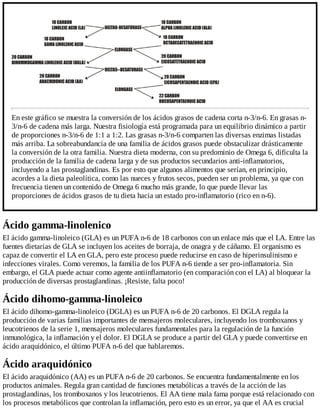 En este gráfico se muestra la conversión de los ácidos grasos de cadena corta n-3/n-6. En grasas n-
3/n-6 de cadena más larga. Nuestra fisiología está programada para un equilibrio dinámico a partir
de proporciones n-3/n-6 de 1:1 a 1:2. Las grasas n-3/n-6 comparten las diversas enzimas listadas
más arriba. La sobreabundancia de una familia de ácidos grasos puede obstaculizar drásticamente
la conversión de la otra familia. Nuestra dieta moderna, con su predominio de Omega 6, dificulta la
producción de la familia de cadena larga y de sus productos secundarios anti-inflamatorios,
incluyendo a las prostaglandinas. Es por esto que algunos alimentos que serían, en principio,
acordes a la dieta paleolítica, como las nueces y frutos secos, pueden ser un problema, ya que con
frecuencia tienen un contenido de Omega 6 mucho más grande, lo que puede llevar las
proporciones de ácidos grasos de tu dieta hacia un estado pro-inflamatorio (rico en n-6).
Ácido gamma-linolenico
El ácido gamma-linoleico (GLA) es un PUFA n-6 de 18 carbonos con un enlace más que el LA. Entre las
fuentes dietarias de GLA se incluyen los aceites de borraja, de onagra y de cáñamo. El organismo es
capaz de convertir el LA en GLA, pero este proceso puede reducirse en caso de hiperinsulinismo e
infecciones virales. Como veremos, la familia de los PUFA n-6 tiende a ser pro-inflamatoria. Sin
embargo, el GLA puede actuar como agente antiinflamatorio (en comparación con el LA) al bloquear la
producción de diversas prostaglandinas. ¡Resiste, falta poco!
Ácido dihomo-gamma-linoleico
El ácido dihomo-gamma-linoleico (DGLA) es un PUFA n-6 de 20 carbonos. El DGLA regula la
producción de varias familias importantes de mensajeros moleculares, incluyendo los tromboxanos y
leucotrienos de la serie 1, mensajeros moleculares fundamentales para la regulación de la función
inmunológica, la inflamación y el dolor. El DGLA se produce a partir del GLA y puede convertirse en
ácido araquidónico, el último PUFA n-6 del que hablaremos.
Ácido araquidónico
El ácido araquidónico (AA) es un PUFA n-6 de 20 carbonos. Se encuentra fundamentalmente en los
productos animales. Regula gran cantidad de funciones metabólicas a través de la acción de las
prostaglandinas, los tromboxanos y los leucotrienos. El AA tiene mala fama porque está relacionado con
los procesos metabólicos que controlan la inflamación, pero esto es un error, ya que el AA es crucial
 