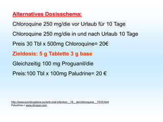 Alternatives Dosisschema:
Chloroquine 250 mg/die vor Urlaub für 10 Tage
Chloroquine 250 mg/die in und nach Urlaub 10 Tage
Preis 30 Tbl x 500mg Chloroquine= 20€
Zieldosis: 5 g Tablette 3 g base
Gleichzeitig 100 mg Proguanil/die
Preis:100 Tbl x 100mg Paludrine= 20 €
http://www.eurodrugstore.eu/anti-viral-infection__18__de/chloroquine__1519.html
Paludrine-> www.dinxper.com
 