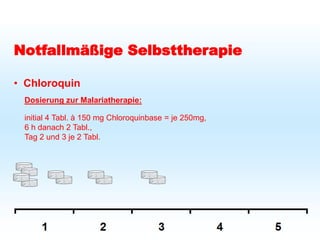 Schutz bei Fernreisen
Malariaprophylaxe
Notfallmäßige Selbsttherapie
• Chloroquin
Dosierung zur Malariatherapie:
initial 4 Tabl. à 150 mg Chloroquinbase = je 250mg,
6 h danach 2 Tabl.,
Tag 2 und 3 je 2 Tabl.
 