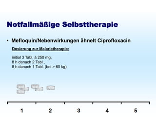 Schutz bei Fernreisen
Malariaprophylaxe
Notfallmäßige Selbsttherapie
• Mefloquin/Nebenwirkungen ähnelt Ciprofloxacin
Dosierung zur Malariatherapie:
initial 3 Tabl. à 250 mg,
8 h danach 2 Tabl.,
8 h danach 1 Tabl. (bei > 60 kg)
 