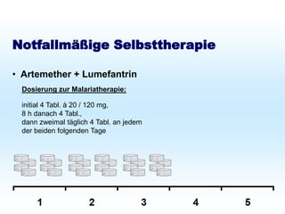 Schutz bei Fernreisen
Malariaprophylaxe
Notfallmäßige Selbsttherapie
• Artemether + Lumefantrin
Dosierung zur Malariatherapie:
initial 4 Tabl. à 20 / 120 mg,
8 h danach 4 Tabl.,
dann zweimal täglich 4 Tabl. an jedem
der beiden folgenden Tage
 