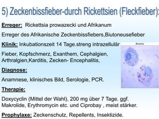 Erreger: Rickettsia prowazecki und Afrikanum
Erreger des Afrikanische Zeckenbissfiebers,Biutoneusefieber
Klinik: Inkubationszeit 14 Tage.streng intrazellulär
Fieber, Kopfschmerz, Exanthem, Cephalgien,
Arthralgien,Karditis, Zecken- Encephalitis,
Diagnose:
Anamnese, klinisches Bild, Serologie, PCR.
Therapie:
Doxycyclin (Mittel der Wahl), 200 mg über 7 Tage. ggf.
Makrolide, Erythromycin etc. und Ciprobay , meist stärker.
Prophylaxe: Zeckenschutz, Repellents, Insektizide.
 