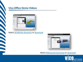 Vico Office Demo Videos




Watch 5D BIM for Dummies or download




                                 Watch BIM-based Estimating or download
 