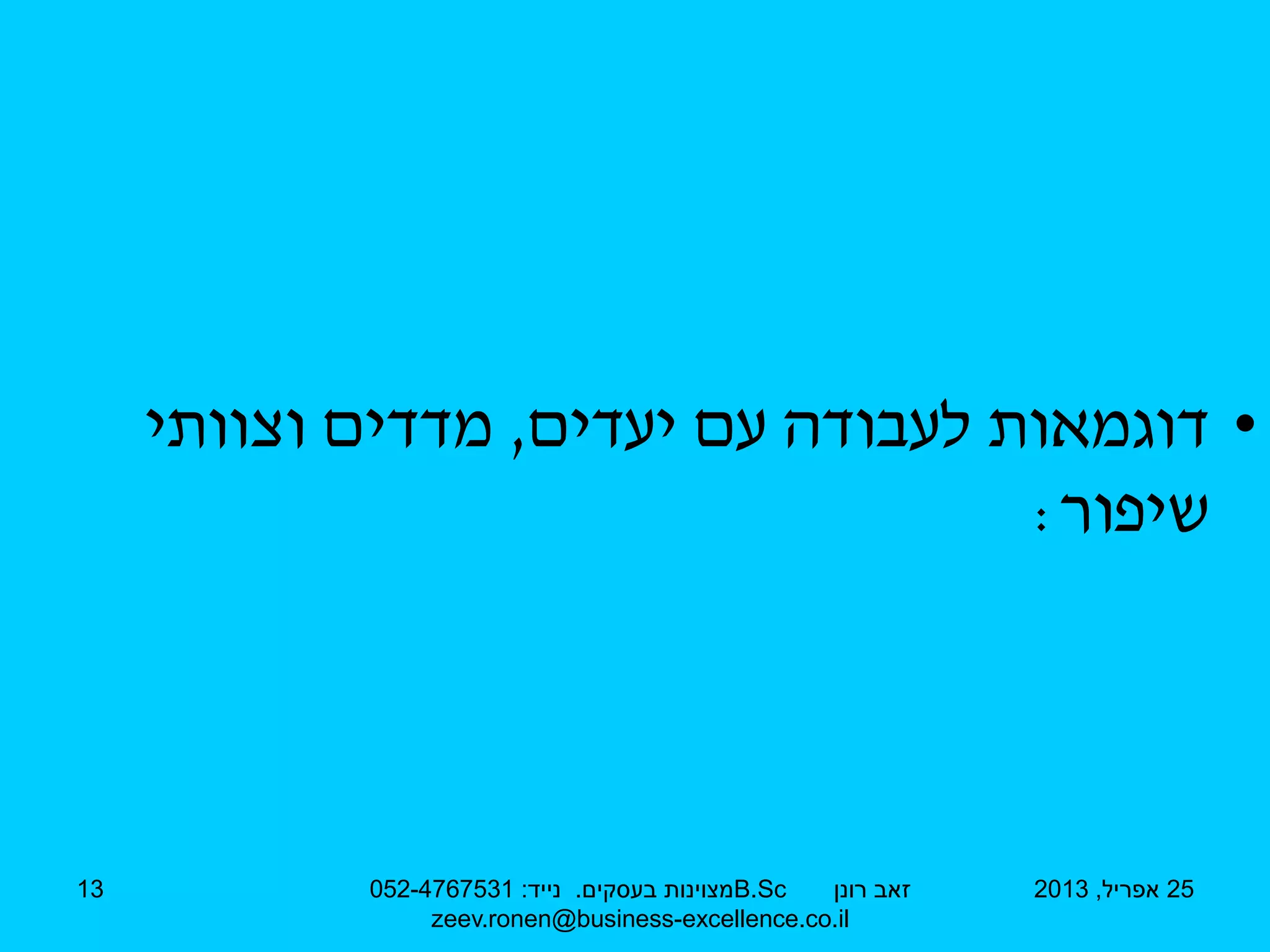 •
‫יעדים‬ ‫עם‬ ‫לעבודה‬ ‫דוגמאות‬
,
‫וצוותי‬ ‫מדדים‬
‫שיפור‬
:
25
‫אפריל‬
,
2013
‫רונן‬ ‫זאב‬
B.Sc
‫בעסקים‬ ‫מצוינות‬
.
‫נייד‬
:
052-4767531
zeev.ronen@business-excellence.co.il
13
 