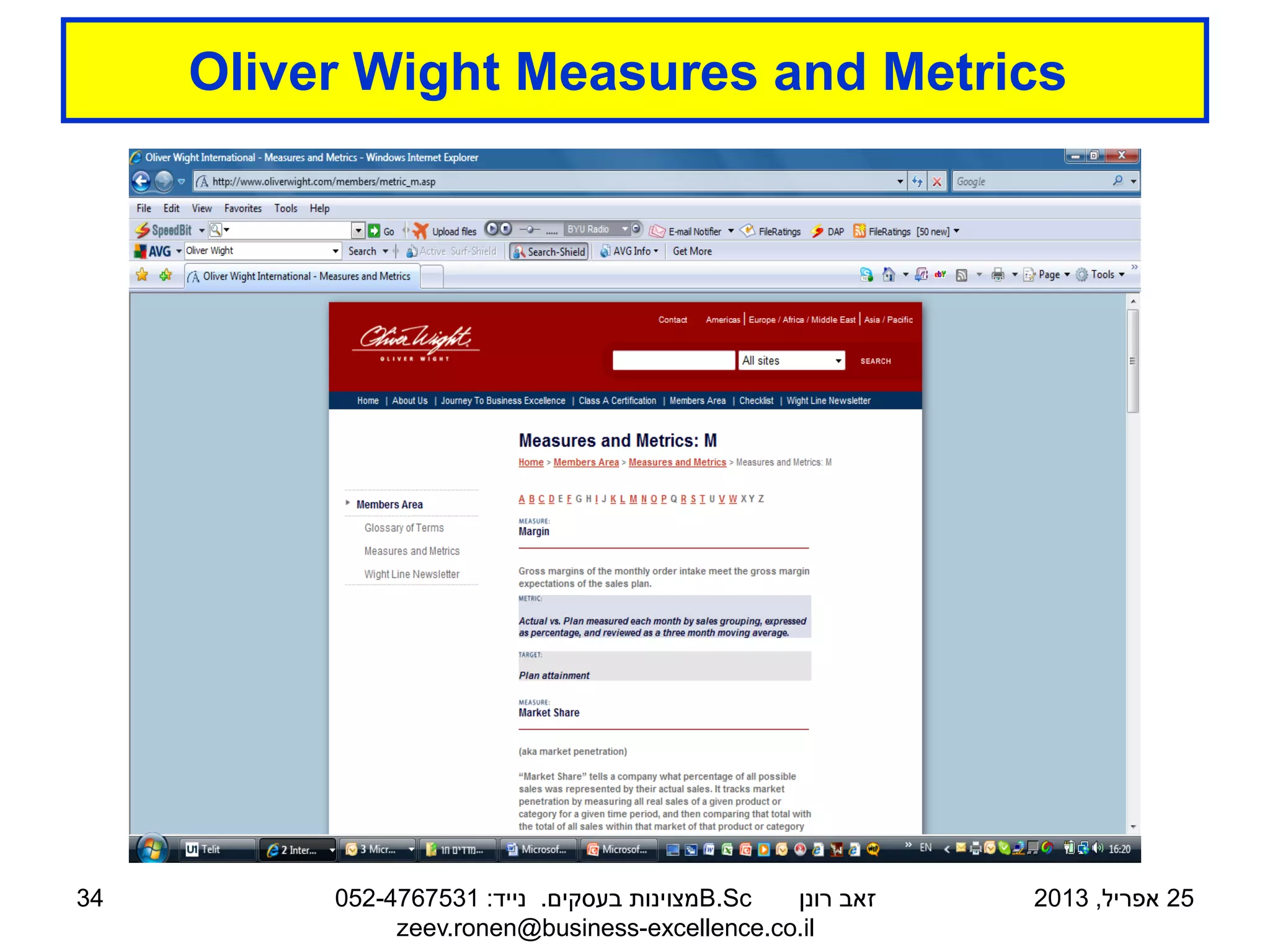 Oliver Wight Measures and Metrics
34 ‫רונן‬ ‫זאב‬
B.Sc
‫בעסקים‬ ‫מצוינות‬
.
‫נייד‬
:
052-4767531
zeev.ronen@business-excellence.co.il
25
‫אפריל‬
,
2013
 