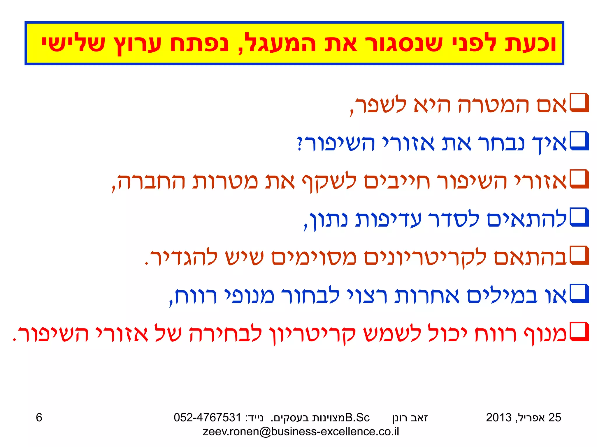 
‫לשפר‬ ‫היא‬ ‫המטרה‬ ‫אם‬
,

‫השיפור‬ ‫אזורי‬ ‫את‬ ‫נבחר‬ ‫איך‬
?

‫החברה‬ ‫מטרות‬ ‫את‬ ‫לשקף‬ ‫חייבים‬ ‫השיפור‬ ‫אזורי‬
,

‫נתון‬ ‫עדיפות‬ ‫לסדר‬ ‫להתאים‬
,

‫להגדיר‬ ‫שיש‬ ‫מסוימים‬ ‫לקריטריונים‬ ‫בהתאם‬
.

‫רווח‬ ‫מנופי‬ ‫לבחור‬ ‫רצוי‬ ‫אחרות‬ ‫במילים‬ ‫או‬
,

‫השיפור‬ ‫אזורי‬ ‫של‬ ‫לבחירה‬ ‫קריטריון‬ ‫לשמש‬ ‫יכול‬ ‫רווח‬ ‫מנוף‬
.
25
‫אפריל‬
,
2013
‫רונן‬ ‫זאב‬
B.Sc
‫בעסקים‬ ‫מצוינות‬
.
‫נייד‬
:
052-4767531
zeev.ronen@business-excellence.co.il
6
‫המעגל‬ ‫את‬ ‫שנסגור‬ ‫לפני‬ ‫וכעת‬
,
‫שלישי‬ ‫ערוץ‬ ‫נפתח‬
 