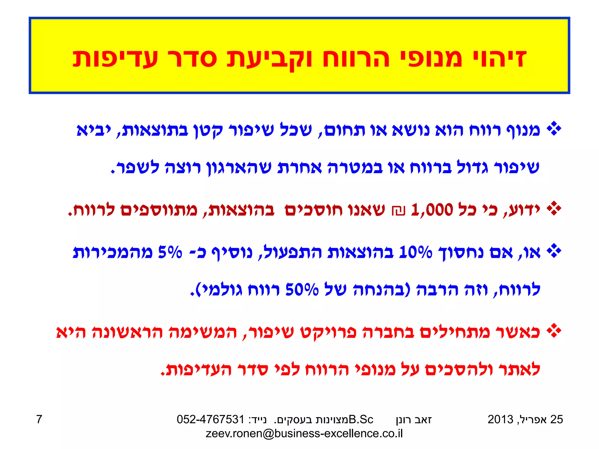 ‫עדיפות‬ ‫סדר‬ ‫וקביעת‬ ‫הרווח‬ ‫מנופי‬ ‫זיהוי‬

‫תחום‬ ‫או‬ ‫נושא‬ ‫הוא‬ ‫רווח‬ ‫מנוף‬
,
‫בתוצאות‬ ‫קטן‬ ‫שיפור‬ ‫שכל‬
,
‫יביא‬
‫לשפר‬ ‫רוצה‬ ‫שהארגון‬ ‫אחרת‬ ‫במטרה‬ ‫או‬ ‫ברווח‬ ‫גדול‬ ‫שיפור‬
.

‫ידוע‬
,
‫כל‬ ‫כי‬
1,000
₪
‫בהוצאות‬ ‫חוסכים‬ ‫שאנו‬
,
‫לרווח‬ ‫מתווספים‬
.

‫או‬
,
‫נחסוך‬ ‫אם‬
10%
‫התפעול‬ ‫בהוצאות‬
,
‫כ‬ ‫נוסיף‬
-
5%
‫מהמכירות‬
‫לרווח‬
,
‫הרבה‬ ‫וזה‬
(
‫של‬ ‫בהנחה‬
50%
‫גולמי‬ ‫רווח‬
.)

‫שיפור‬ ‫פרויקט‬ ‫בחברה‬ ‫מתחילים‬ ‫כאשר‬
,
‫היא‬ ‫הראשונה‬ ‫המשימה‬
‫העדיפות‬ ‫סדר‬ ‫לפי‬ ‫הרווח‬ ‫מנופי‬ ‫על‬ ‫ולהסכים‬ ‫לאתר‬
.
25
‫אפריל‬
,
2013
‫רונן‬ ‫זאב‬
B.Sc
‫בעסקים‬ ‫מצוינות‬
.
‫נייד‬
:
052-4767531
zeev.ronen@business-excellence.co.il
7
 