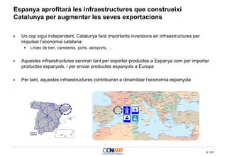 101
Espanya aprofitarà les infraestructures que construeixi
Catalunya per augmentar les seves exportacions
 Un cop sigui independent, Catalunya farà importants inversions en infraestructures per
impulsar l’economia catalana:
 Línies de tren, carreteres, ports, aeroports, …
 Aquestes infraestructures serviran tant per exportar productes a Espanya com per importar
productes espanyols, i per enviar productes espanyols a Europa
 Per tant, aquestes infraestructures contribuiran a dinamitzar l’economia espanyola
 