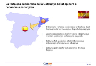 102
La fortalesa econòmica de la Catalunya Estat ajudarà a
l’economia espanyola
 El dinamisme i fortalesa econòmics de la Catalunya Estat
faran augmentar les importacions de productes espanyols
 Les empreses catalanes faran inversions a Espanya que
revertiran positivament en l’economia espanyola
 Catalunya farà aportacions a la Unió Europea que
arribaran com a fons europeus a Espanya
 Catalunya podrà aportar ajuts econòmics directes a
Espanya
 