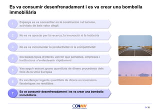 30
Es va consumir desenfrenadament i es va crear una bombolla
immobiliària
Els baixos tipus d’interès van fer que persones, empreses i
institucions s’endeutessin ràpidament
Van seguir entrant grans quantitats de diners procedents dels
fons de la Unió Europea
4
5
Es van llençar ingents quantitats de diners en inversions
faraòniques no rendibles
6
Espanya es va concentrar en la construcció i el turisme,
activitats de baix valor afegit
No es va apostar per la recerca, la innovació ni la indústria
No es va incrementar la productivitat ni la competitivitat
1
2
3
Es va consumir desenfrenadament i es va crear una bombolla
immobiliària
7
 