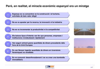 7
Però, en realitat, el miracle econòmic espanyol era un miratge
Els baixos tipus d’interès van fer que persones, empreses i
institucions s’endeutessin ràpidament
Van seguir entrant grans quantitats de diners procedents dels
fons de la Unió Europea
4
5
Es van llençar ingents quantitats de diners en inversions
faraòniques no rendibles
6
Espanya es va concentrar en la construcció i el turisme,
activitats de baix valor afegit
No es va apostar per la recerca, la innovació ni la indústria
No es va incrementar la productivitat ni la competitivitat
1
2
3
Es va consumir desenfrenadament i es va crear una bombolla
immobiliària
7
 