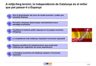 95
A mitjà-llarg termini, la independència de Catalunya és el millor
que pot passar-li a Espanya
Serà el dinamitzador del canvi de model econòmic i polític que
necessita Espanya1
Permetrà a Espanya desenvolupar amb plenitud la seva
estratègia econòmica2
Focalitzarà el sistema polític espanyol en el progrés econòmic
d’Espanya3
La competència amb Catalunya impulsarà l’economia espanyola4
Espanya aprofitarà les infraestructures que construeixi
Catalunya per augmentar les seves exportacions5
La fortalesa econòmica de Catalunya ajudarà a l’economia
espanyola6
 