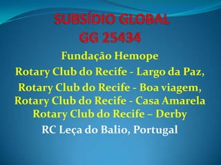 Fundação Hemope
Rotary Club do Recife - Largo da Paz,
Rotary Club do Recife - Boa viagem,
Rotary Club do Recife - Casa Ama...