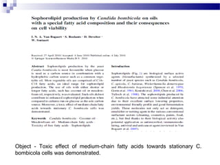 Object - Toxic effect of medium-chain fatty acids towards stationary C.
bombicola cells was demonstrated.
 