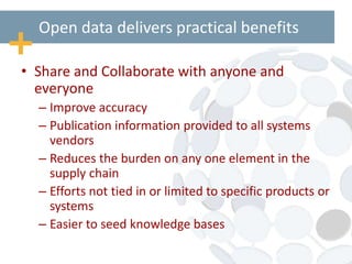 Open data delivers practical benefits
• Share and Collaborate with anyone and
everyone
– Improve accuracy
– Publication information provided to all systems
vendors
– Reduces the burden on any one element in the
supply chain
– Efforts not tied in or limited to specific products or
systems
– Easier to seed knowledge bases
 