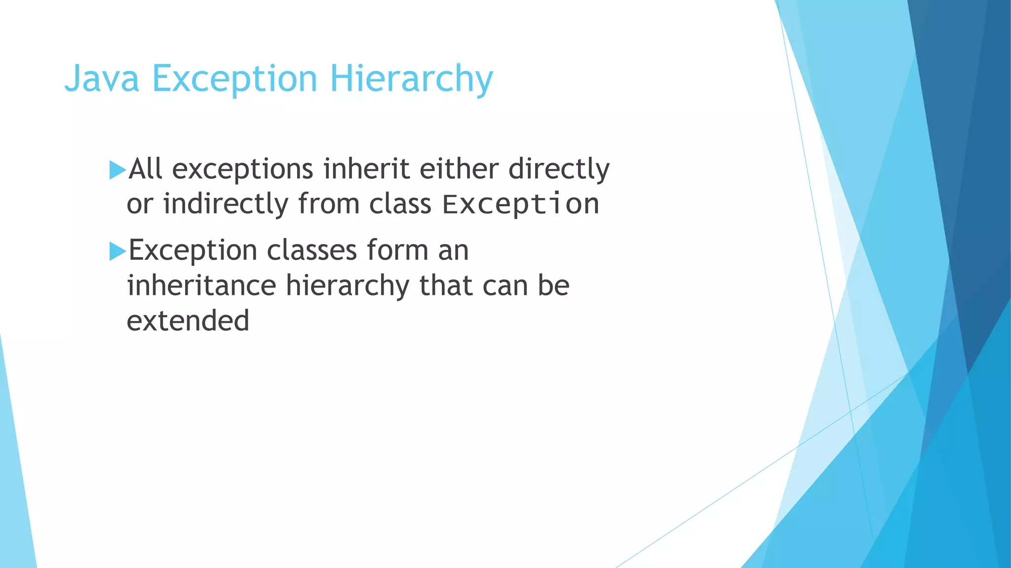 Java Exception Hierarchy
All exceptions inherit either directly
or indirectly from class Exception
Exception classes form an
inheritance hierarchy that can be
extended
 