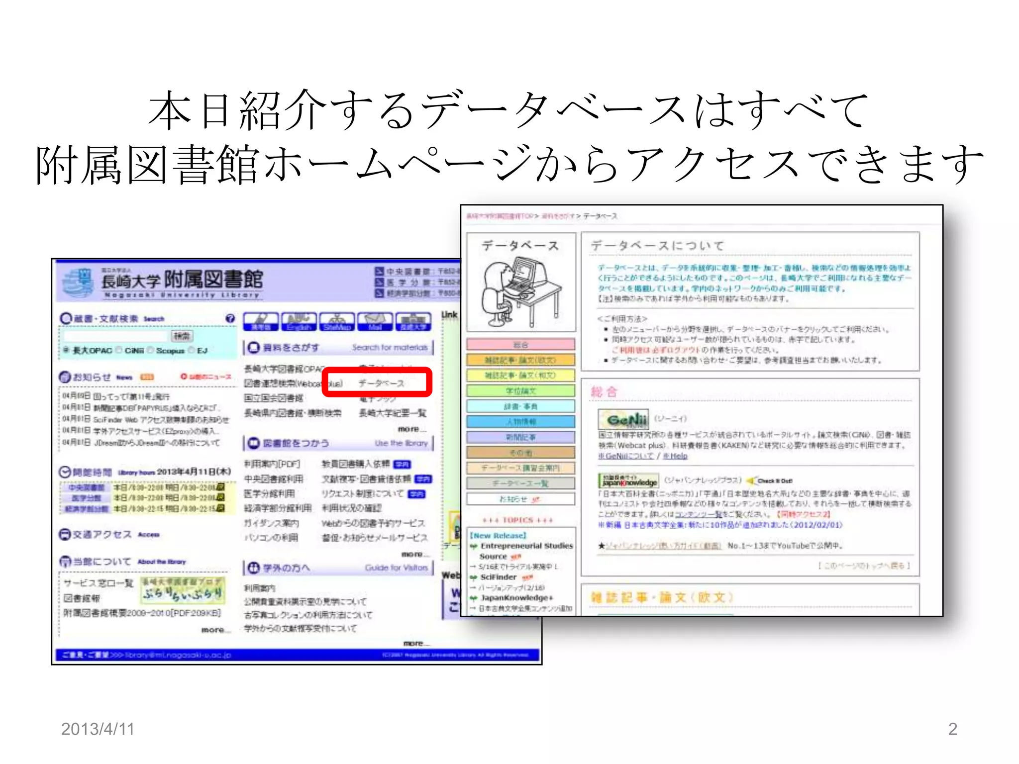 本日紹介するデータベースはすべて
附属図書館ホームページからアクセスできます




2013/4/11           2
 