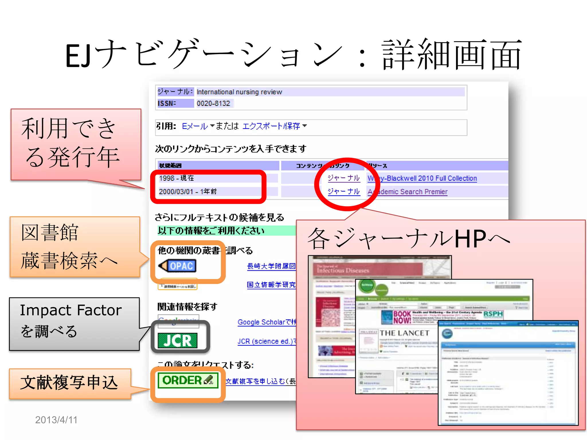 EJナビゲーション：詳細画面
利用でき
る発行年


図書館             各ジャーナルHPへ
蔵書検索へ

Impact Factor
を調べる


文献複写申込

 2013/4/11                  30
 