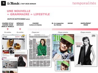 , C’EST DÉJÀ DEMAIN




     UNE NOUVELLE
     « GRAMMAIRE » LIFESTYLE
      DEPUIS SEPTEMBRE 2011

CHAÎNE STYLE    RÉSEAUX            CAHIER         M, Le magazine      MiPAD   SUPPLÉMENT
 CHAÎNE VOUS    SOCIAUX        Culture & Styles      du Monde                    MODE
WEB ET MOBILE



  En continu    En continu        Chaque jour            Chaque semaine       Chaque semestre
 