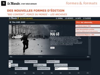 , C’EST DÉJÀ DEMAIN




DES NOUVELLES FORMES D‘ÉDITION
“BIG CONTENT”, FORCE DU MONDE – LES ARCHIVES


                                               Pour les abonnés,

                                               Le Monde depuis 1944

                                               Base documentaire enrichie
                                               Photos, vidéos et archives sonores

                                               Partenariats Magnum + INA
 