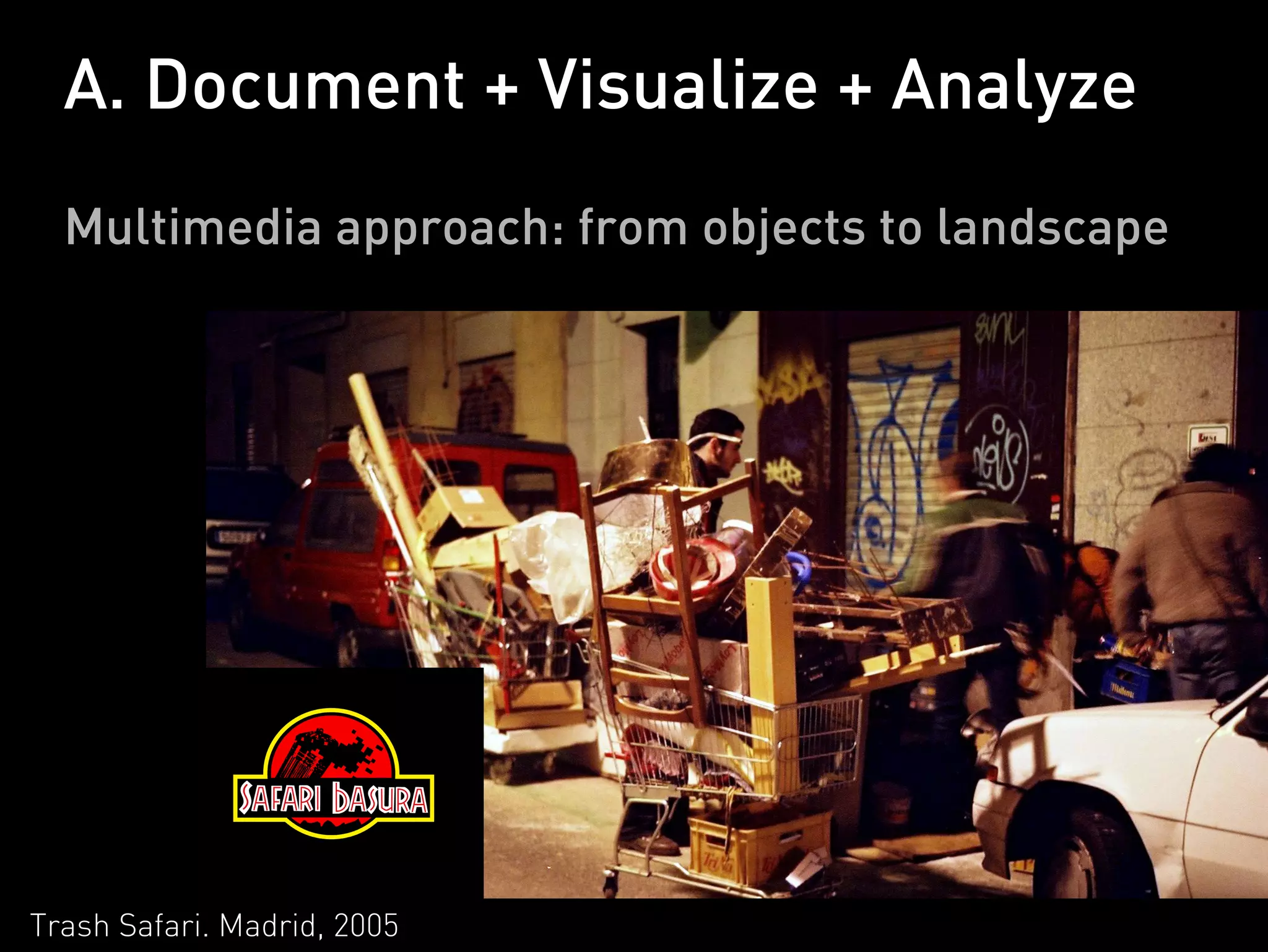 A. Document + Visualize + Analyze
  Multimedia approach: from objects to landscape




Trash Safari. Madrid, 2005
 