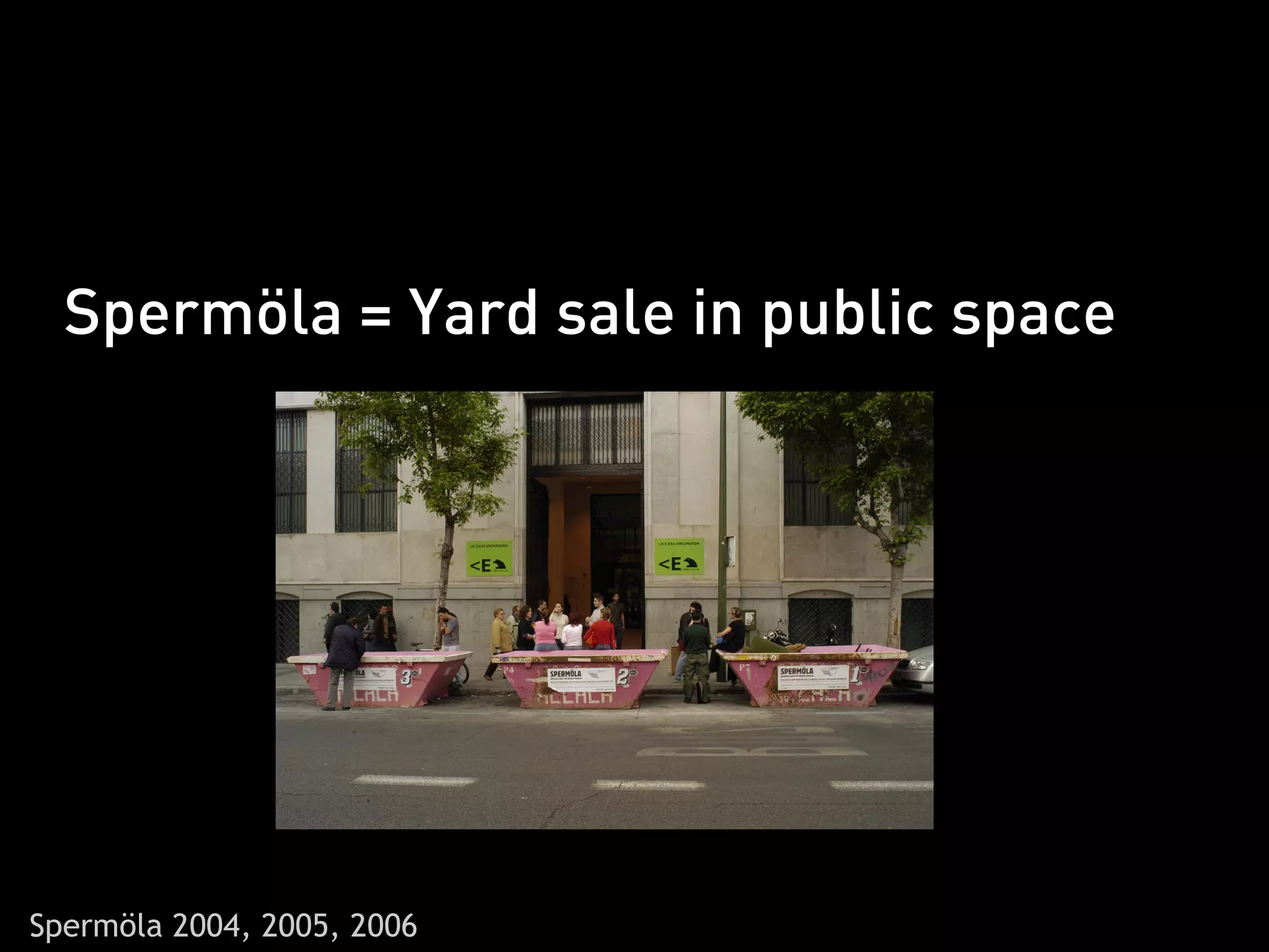 Spermöla = Yard sale in public space




Spermöla 2004, 2005, 2006
 
