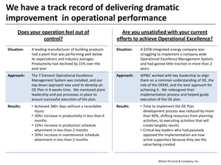 Wilson Perumal & Company, Inc.
We have a track record of delivering dramatic
improvement in operational performance
Does your operation feel out of
control?
Are you unsatisfied with your current
efforts to achieve Operational Excellence?
Situation: A leading manufacturer of building products
had a plant that was performing well below
its expectations and industry averages.
Productivity had declined by 15% over the
past year.
Approach: The 7 Element Operational Excellence
Management System was installed, and our
top-down approach was used to develop an
OE Plan in 6 weeks time. We mentored plant
leadership and put processes in place to
ensure successful execution of the plan.
Results: • Achieved 380+ days without a recordable
injury
• 20%+ increase in productivity in less than 6
months
• 15%+ increase in production schedule
attainment in less than 2 months
• 20%+ increase in maintenance schedule
attainment in less than 2 months
Situation: A $35B integrated energy company was
struggling to implement a company wide
Operational Excellence Management System,
and had gained little traction in more than 2
years.
Approach: WP&C worked with key leadership to align
them on a common understanding of OE, the
role of the OEMS, and the best approach for
achieving it. We redesigned their
implementation process and helped guide
execution of the OE plan.
Results: • Time to implement the OE Plan
development process was reduced by more
than 40%, shifting resources from planning
activities, to executing activities that will
create tangible results
• Critical key leaders who had passively
opposed the implementation are now
active supporters because they see the
value being created.
 