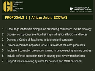 PROPOSALS 2 | African Union, ECOWAS
1. Encourage leadership dialogue on preventing corruption: use the typology
2. Sponsor corruption prevention training in all national MODs and forces
3. Develop a Centre of Excellence in defence anti-corruption
4. Provide a common approach for MODs to asses the corruption risks
5. Implement corruption prevention training in peacekeeping training centres
6. Include defence corruption risks in country peer review mechanisms
7. Support whistle-blowing systems for defence and MOD personnel
22

 