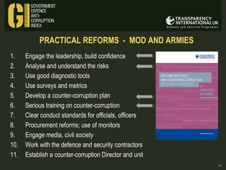 PRACTICAL REFORMS - MOD AND ARMIES
1.
2.
3.
4.
5.
6.
7.
8.
9.
10.
11.

Engage the leadership, build confidence
Analyse and understand the risks
Use good diagnostic tools
Use surveys and metrics
Develop a counter-corruption plan
Serious training on counter-corruption
Clear conduct standards for officials, officers
Procurement reforms; use of monitors
Engage media, civil society
Work with the defence and security contractors
Establish a counter-corruption Director and unit
24

 