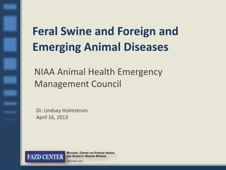 Feral Swine and Foreign and
Emerging Animal Diseases
NIAA Animal Health Emergency
Management Council
Dr. Lindsey Holmstrom
April 16, 2013
 