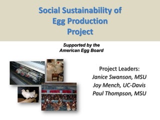 Project Leaders:
Janice Swanson, MSU
Joy Mench, UC-Davis
Paul Thompson, MSU
Supported by the
American Egg Board
Social Sustainability of
Egg Production
Project
 