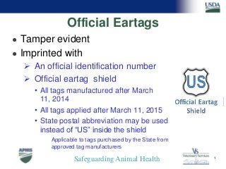 Safeguarding Animal Health
● Tamper evident
● Imprinted with
 An official identification number
 Official eartag shield
• All tags manufactured after March
11, 2014
• All tags applied after March 11, 2015
• State postal abbreviation may be used
instead of “US” inside the shield
Applicable to tags purchased by the State from
approved tag manufacturers
Official Eartags
1
 